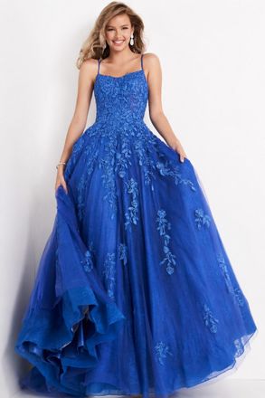 Jovani Long Embroidered Lace A-Line Gown In Cobalt
