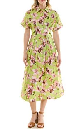 Nicole Miller Pintuck Waist Midi Shirtdress in Orchid Allover Lime at Nordstrom Rack, Size 12