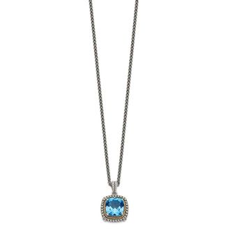 Diamond2Deal Sterling Silver with 14K Accent Cushion Light Swiss Blue Topaz Pendant Necklace