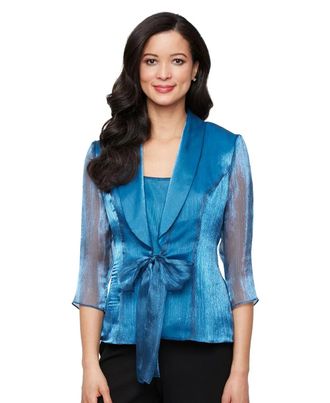 Alex Evenings Top Womens Deep Blue Chiffon Scoop Neck Tie Front PAL87