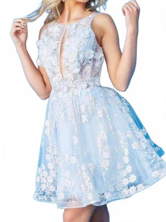 Jovani Sleeveless Flower Applique Tulle Dress In Light Blue