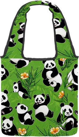 Generic Cute Panda on Green Reversible Canvas Shoulder Tote - Double-Sided Print, 12oz Cotton, 27cm Drop, Fold-Flat Bag for Travel, Shopping, Street Outings