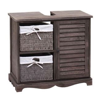 Hhg [NON UTILIZZATO] Arredo bagno mobile sottolavabo HHG-672 vintage sportello e ceste removibili legno di paulonia grigio marrone