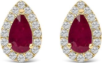 House of Brilliance 10K Yellow Gold 5X3 MM Pear-Cut Ruby and 1/7 Cttw Diamond Halo Stud Earrings