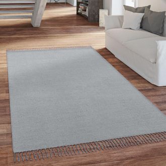 Paco Home Paco Home - Alfombra Sal&oacute;n Pelo Corto Con Flecos Hecha A Mano Motivo Monocolor 80x250 Cm, Gris