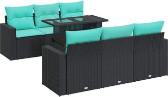 vidaXL 7 Piece Garden Sofa Set with Cushions Black Poly Rattan Acacia vidaXL