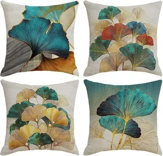 OEM Juego De 4 Fundas De Coj&iacute;n De 45 X 45 Cm - Estampado De Hojas De Ginkgo - Dorado