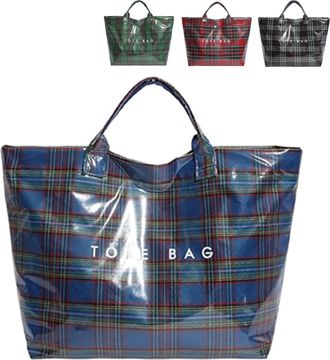 Generic Christmas Plaid PVC Tote Bag for Women, Letters Print Tote Bag, Durable Plastic Bags for Christmas Shopping (C)