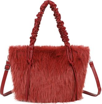 Generic Womens Fluffy Handbag with Top Zip Closure, Faux Fur Shoulder Bag with Detachable Strap, Grab Handle & Interior Pockets (Wine)
