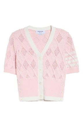 Thom Browne 4-Bar Argyle Pointelle Stitch Short Sleeve Cardigan in Light Pink at Nordstrom, Size 4 Us