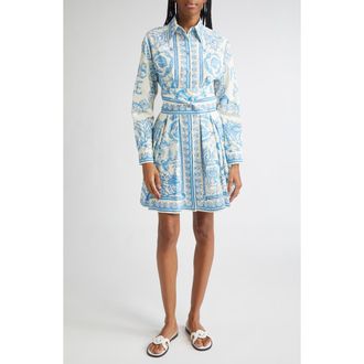 Versace Underwater Barocco Long Sleeve Cotton Poplin Shirtdress in Eggshell Bright Dv Blue at Nordstrom, Size 10 Us