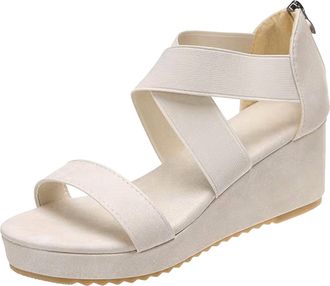 Generic Cocila Walking Sandals Womens Ladies Fashion Summer Solid Color Open Toe Elastic Beige, 6 Cork Women Wide Fit Wedges For Size 3 White Black Shoes 6 Si