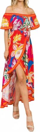 Flying Tomato Tropical Floral Off Shoulder Hi-Lo Maxi Dress In Red