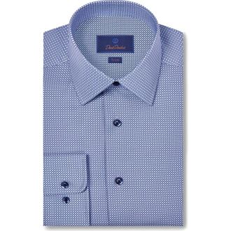 David Donahue Trim Fit Micro Geometric Print Dress Shirt in Navy/Blue at Nordstrom Rack, Size 17.5 - 32/33