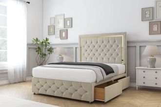 Comfort Beds Sofia Gold Plush Divan Base 2 Drawers - 26 Headboard-Footboard in Cream | Size: Super King