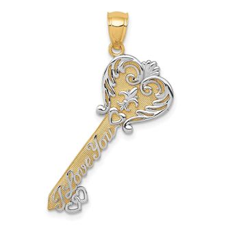 Diamond2Deal 14k Yellow Gold White Rhodium Polished I LOVE YOU Filigree Heart Key Charm