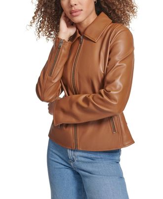 Levi's Moto Jacket Womens Toffee Faux Leather Laydown Collar Full Zip PAL43