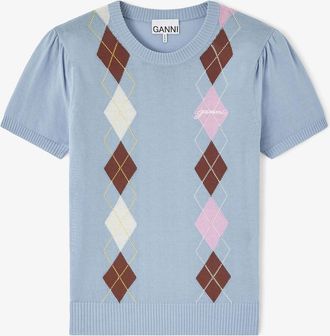 Ganni Blue T-shirt in Argyle - Size XS Organic Cotton