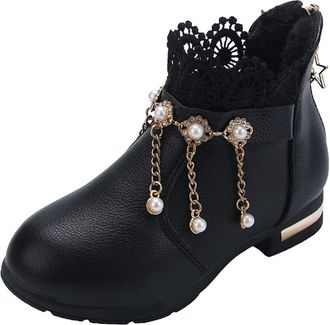 Generic Girls Lace Up Boots with Side Zippers Lace Up Boots Girls Lightweight Mid-Calf Cowgirl Boots Mid Calf Pointed Toe Embroidered Childrens Autumn and Win