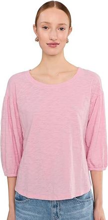 Mod-o-doc 3/4 Shirred Sleeve Open Crew Neck T-Shirts Womens Clothing Pearly Pink : MD (US 8-10), Cotton