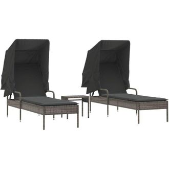 vidaXL Tumbonas Con Capota Y Mesa 2 Uds Rat&aacute;n Sint&eacute;tico Gris Vidaxl