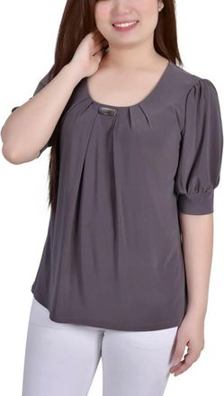 NY Collection Ny Collection Tunic Top Womens P Charcoal Balloon Short Sleeve FTS91