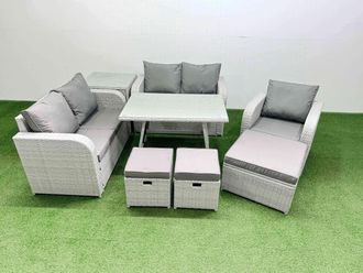 Fimous 8 Seater Rattan Garden Furniture Set Love Sofa Reclining Chair Sets in Light Grey