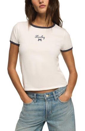 Lucky Brand Lucky Embroidered Bow Crop Ringer T-Shirt in Bright White at Nordstrom, Size Xx-Large