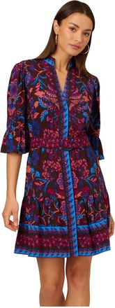 Adrianna Papell Womens Printed Short Flounce Dress - Brown - Size 14 UK