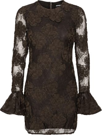 Rotate Brown 3D Floral Flared Cuffs Mini Dress