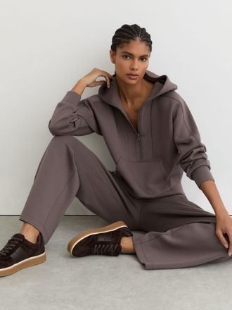 Reiss Taupe Brown Premium Interlock Half-zip Hoodie, XS