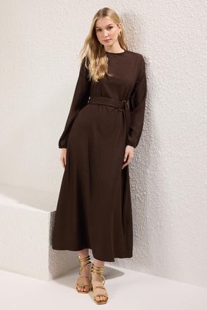 Trendyol Modest Dames Bruin Effen Maxi Lang Casual Skater Modest Jurken