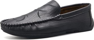 Generic Mens Shoe Loafers for Men PU Round Toe Stitching Details Embroidery Comfortable Flat Heel Anti-Slip Slip Resistant Lightweight Wedding Slip-on(Black,8