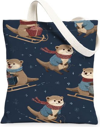 Generic Fanciful Otter Canvas Tote Bags, Cute Animal Pattern Reusable Grocery Bags, Winter Vintage Lightweight Washable Shoulder Strap Canvas for Travel Beach