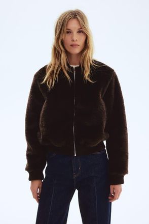 H&M Pile Bomber Jacket in Dark Brown at Nordstrom, Size Xx-Large