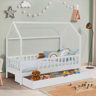 IDMarket Cama Cabina Infantil 80 X 160 Cm Neree Blanca Con 1 Caj&oacute;n Nido Extra&iacute;ble Y Espacio De Almacenamiento
