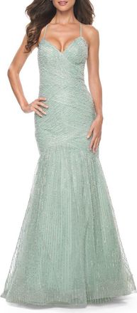 La Femme Intricate Beaded and Rhinestone Mermaid Prom Dress in Sage at Nordstrom, Size 12