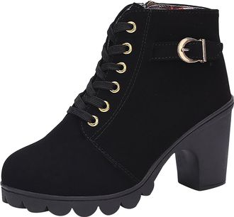 Generic Womens Ankle Boots Block Heel Lace-Up Zipper PU Leather Elegant Stylish Ladies Booties High Heels Casual Shoes Lightweight Cozy Autumn Winter size 6.5
