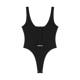 Versace Tops, Dames, Zwart, L, Zwart Geborduurd Logo Scoop Neck Ondergoed