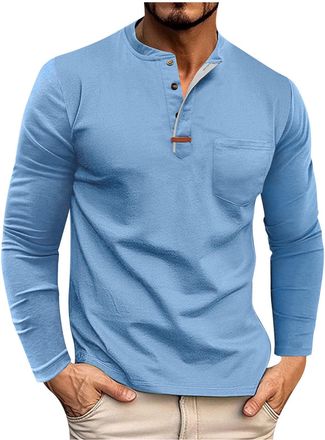 Generic Men Long Sleeve Tops Solid Round Neck T-Shirts with Buttons and Breathability Mens Classic Fit Clothes Shirt for Everyday Urban Work Commuting Travel