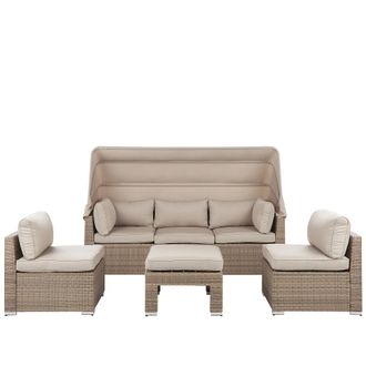 Beliani Conjunto De Jard&iacute;n Al Aire Libre Sof&aacute; De Rat&aacute;n Sint&eacute;tico Beige Marr&oacute;n Claro Con Dosel Y Cojines Sillas Reposapi&eacute;s De Dise&ntilde;o Moderno Coccolia