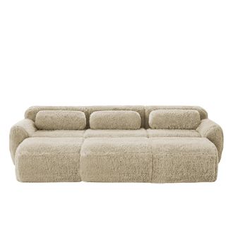 STILVORA Sof&aacute; Modular 3 Plazas En Tela Aterciopelada Con 3 Taburetes, Base Antideslizante, Asiento Amplio, Caqui Claro