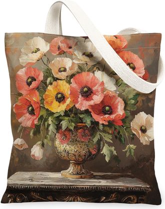 Generic Spring Farmhouse Poppy Canvas Tote Bag for Shopping 13x15, Rustic Farm Floral Reusable Grocery Print Pattern Bag for Women Men, Country Flower Aesthet