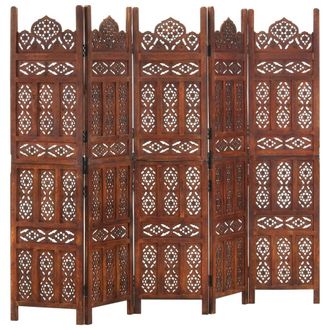 vidaXL Biombo 5 Paneles Tallado A Mano Madera Mango Marr&oacute;n 200x165 Cm Vidaxl