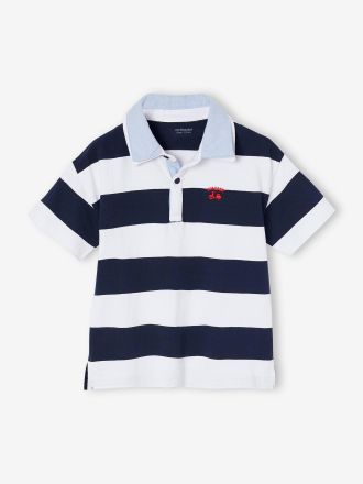 Vertbaudet Kinder Poloshirt mit Doppelkragen, Recycling-Baumwolle blau gestreift