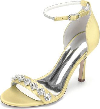 Generic Wedding Shoes Womens High Heel Sandals Open Toe Ankle Strap Satin Bridal Formal Prom Party Dress Stiletto Shoes 9.5Cm,Yellow,10 UK
