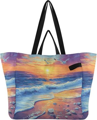 Generic Ocean Wave Seashell Orange print Reusable Canvas Tote Bag, Heavy Duty Grocery Shopping Bag with Hard Bottom Double Handles Large Capacity Work Groceri