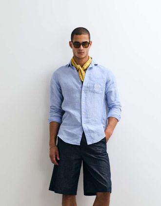 Polo Ralph Lauren Wimbledon Capsule - Camicia in lino blu con tasca ricamata con stemma