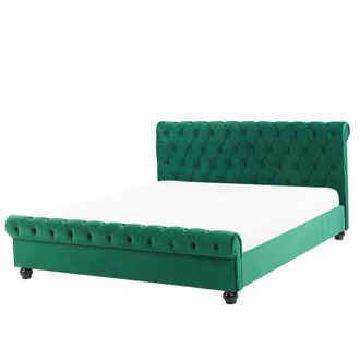 Beliani Cama Doble Tapizada En Terciopelo Verde 160 X 200 Cm Con Cabecero Acolchado Estilo Glam Avallon