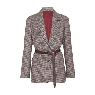 Brunello Cucinelli Blazers, female, Brown, XS, Brown Houndstooth Blazer with Belt